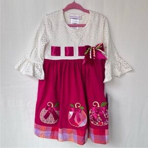 NWT! Bonnie Jean Little Girls Pumpkin Appliqué Cream & Red Dress, Size 4T